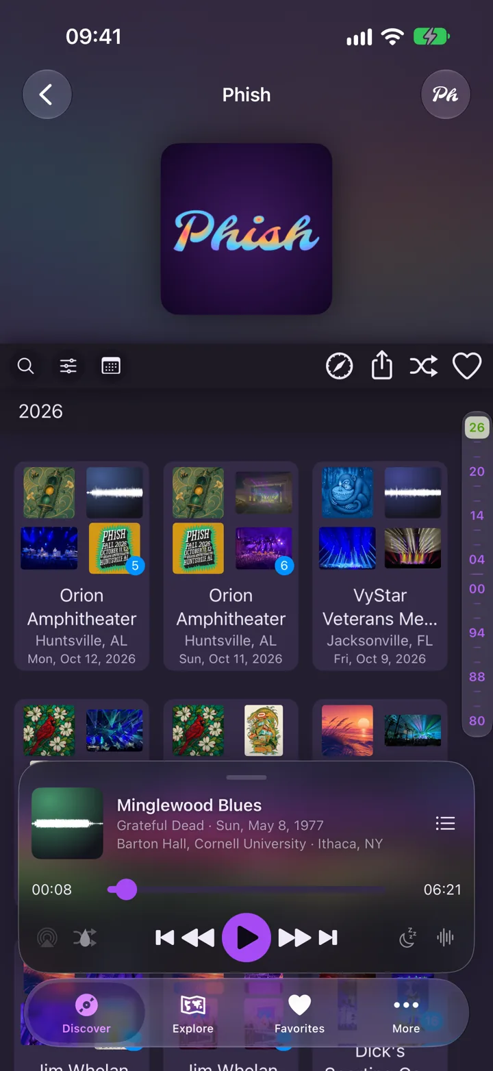 Phish's artist page, with shows from 2026 laid out in a grid, a year index down the side and a show playing in the mini player.