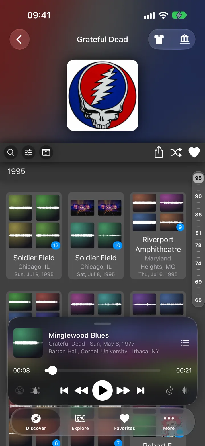 The Grateful Dead's page, with shows from 1995 laid out in a grid and a year index down the side.