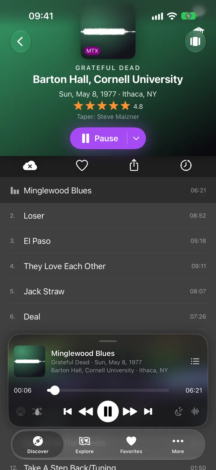 A show playing in the new player, with its 4.8 star rating, the track list and the player controls.